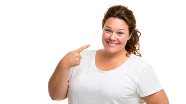 Woman smiling and pointing at herself on white
