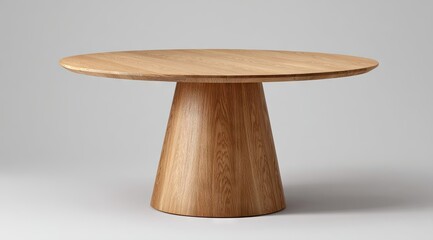 Round wooden dining table with a wide, light oak top and a single, tapered, pedestal base.  Clean lines and minimalist design