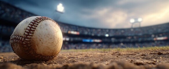 The baseball resting on the field during an exciting stadium game.