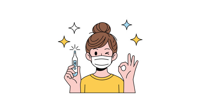 Young woman wearing face mask holding thermometer showing normal temperature with okay gesture