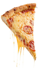 Delicious Melted Cheese Pepperoni Pizza Slice, Isolated on Black Background, Appetizing Food Photography