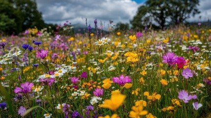 Obraz premium Wildflower Meadow in Full Bloom Under Bright Blue Sky