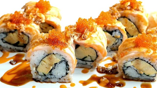Delicious salmon sushi roll with egg, mayonnaise and caviar on white plate