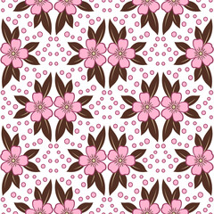 Seamless pattern of flowers in folk style. Classic plant ornament. Calm soft colors. Elegant floral decor. Pink flowers and brown leaves on a white background.