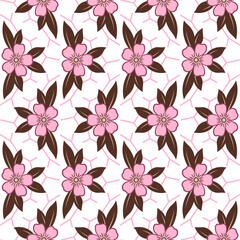 Seamless pattern of flowers and broken lines. Classic plant ornament. Calm soft colors. Elegant floral decor. Pink flowers and brown leaves on a white background.