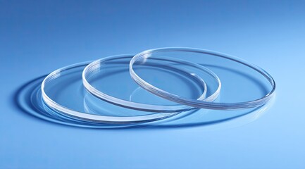 Three clear, circular glass discs of varying sizes rest on a light blue surface, casting subtle reflections.  They are subtly overlapping, showcasing their smooth edges and transparency