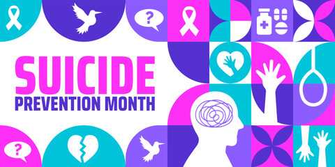 National Suicide Prevention Month bird, love and awareness icon Geometric shape pattern background, banner, card or poster design template is observed every year during September