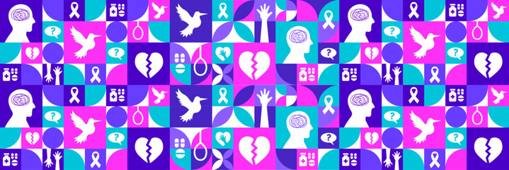 National Suicide Prevention Month bird, love and awareness icon Geometric shape pattern background, banner, card or poster design template is observed every year during September