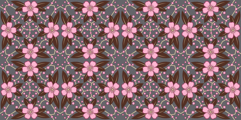 Complex seamless pattern of flowers. Classic plant ornament. Calm soft colors. Elegant ornate floral decor. Pink flowers and brown leaves on dark gray background.