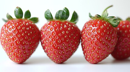 High-resolution DSLR shot using a 50mm lens, capturing fresh strawberries with glistening water droplets arranged in a precise heart shape on a pure white background, focus set on the front