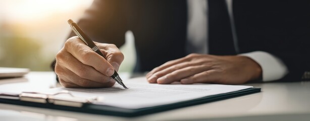 The professional signing a document in a modern office setting.