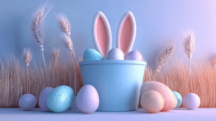 a blue bucket with some eggs and ears