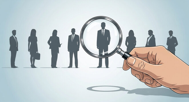 Hand holding magnifying glass over businessman in a line of silhouettes with light background