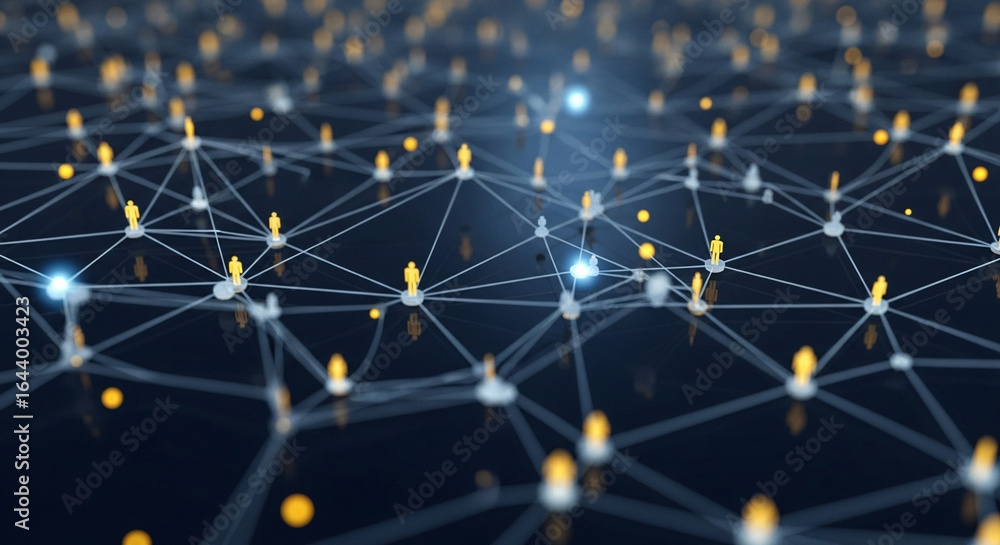 Poster abstract network of interconnected people with glowing nodes and connecting lines on dark background