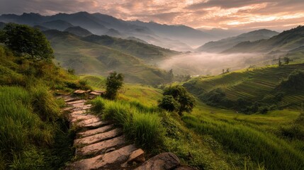 a path leading to a valley with mountains in the background