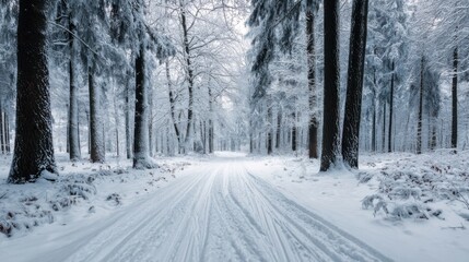a snowy road in a forest with trees
