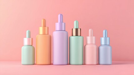 a group of different colored bottles on a pink surface