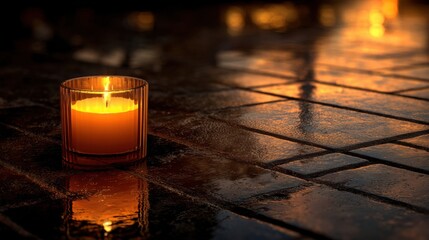 a candle is lit on a tiled floor