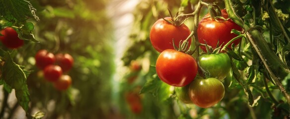 Fototapeta premium The vibrant tomatoes ripening in a sunlit greenhouse garden setting.