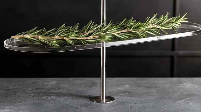 Full-frame still-life capture at 85mm focal length, green rosemary sprigs in precise parallel alignment, crisp texture detail in foreground, natural side light casting soft shadows
