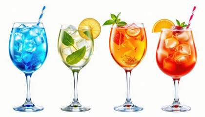 Blue, yellow, orange, and red colorful cocktails with ice cubes and fruit garnishes in wine glasses with striped straws