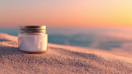 a jar of white powder sitting on top of a sandy beach