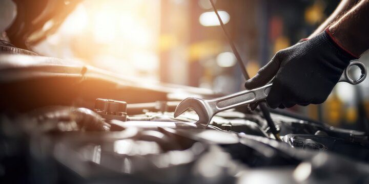 The mechanic working on a car engine with a wrench in a workshop setting.