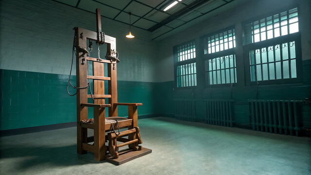 Old electric chair in a prison room with barred windows and green walls