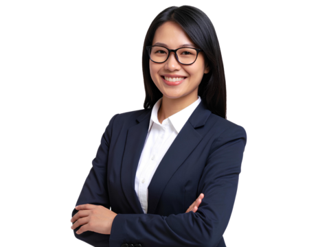 Elegant and Confident Female Professional in a Business Suit, Wearing Glasses, Radiat isolated on a transparent background.