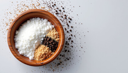 Salt pepper seasoning spices wooden bowl coarse salt black peppercorns ground spices cooking ingredients white background