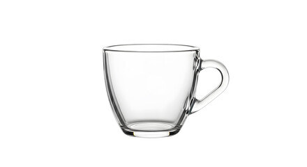 Empty transparent glass cup with handle, centered, isolated on white background, clean and reflection-free.