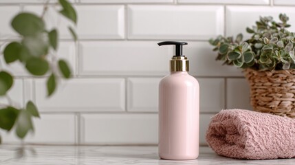 a bottle of lotion sitting on a counter next to a towel