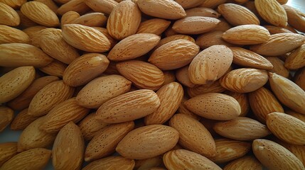 Fototapeta premium Full-frame camera capture at 50mm focal length, neat diagonal alignment of almonds, sharp textures in the foreground, natural side light creating subtle shadow depth