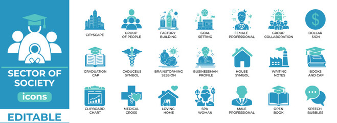  sector of society vector icons for education, business, healthcare, and community design projects