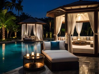 Luxury Poolside Cabana at Night with Ambient Lighting
