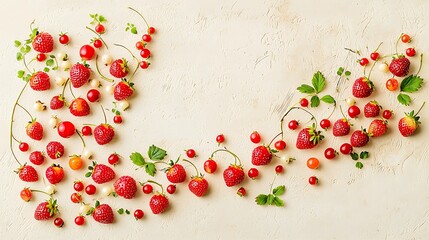 Detailed overhead shot using 50mm lens, strawberries positioned in ascending size, crisp detail at starting point, soft side light for depth