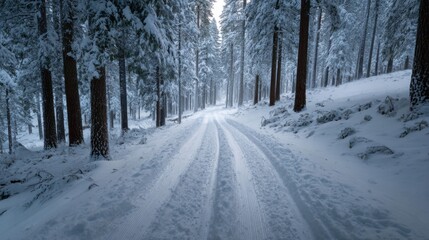 a snowy road in the woods with tracks in the snow