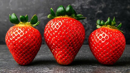 Detailed overhead shot using 50mm lens, strawberries positioned in ascending size, crisp detail at starting point, soft side light for depth