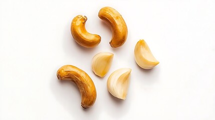Detailed overhead shot with 50mm lens, garlic bulbs forming geometric triangle, rich texture detail under balanced natural top light on white background