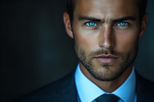 elegant man with sharp blue eyes in a tailored suit. corporate portrait in soft focus background, modern professional vibe