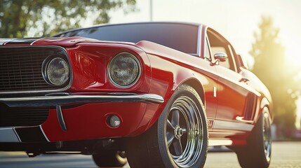 Close up of a red classic car with chrome accents and black racing stripe on the hood in sunlight