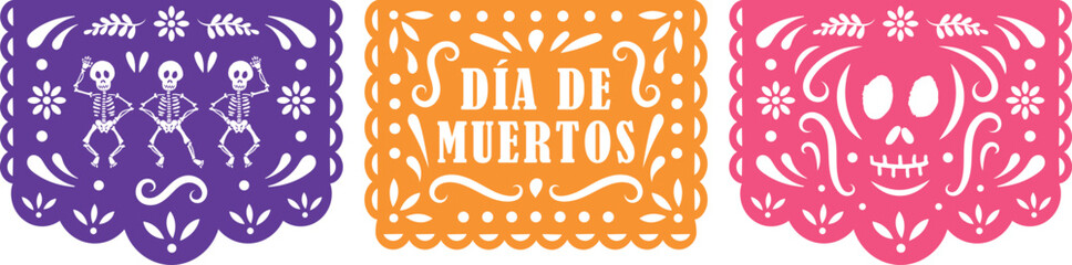Decoración día de muertos papel picado esqueleto y letrero en color morado anaranjado y rosa