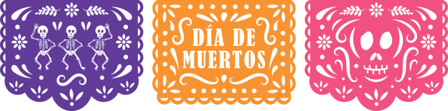 Decoraci&oacute;n d&iacute;a de muertos papel picado esqueleto y letrero en color morado anaranjado y rosa
