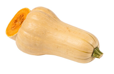 Fresh butternut squash cut open showing seeds and vibrant orange flesh against white background