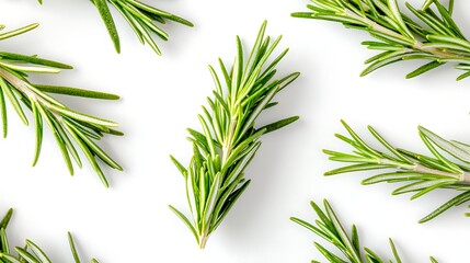 Obraz premium Professional overhead composition with 85mm lens, rosemary sprigs evenly spaced in parallel lines, focus on central section for sharpness, pure white background evenly lit