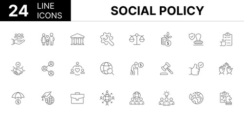Collection of 24 Social policy line icons featuring editable strokes. These outline icons depict various modes of Social policy, welfare, health, public, work, law, safety, home, vector, education, so