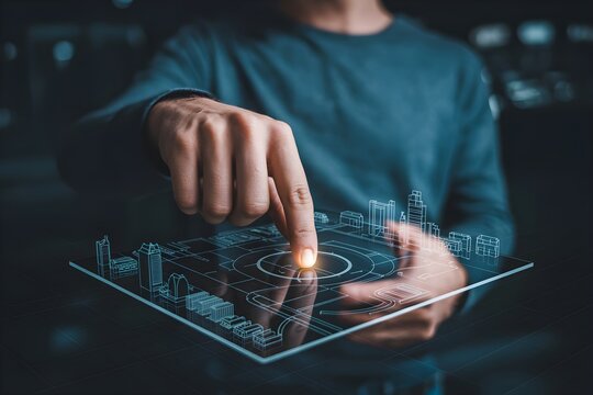 Visionary architect interacts with futuristic holographic city blueprint, planning urban development with digital technology - Powered by Adobe