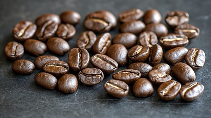 Fototapeta premium Professional macro still-life with 50mm lens, coffee beans forming heart shape, crisp texture detail under diffused natural light, smooth blur towards upper curves