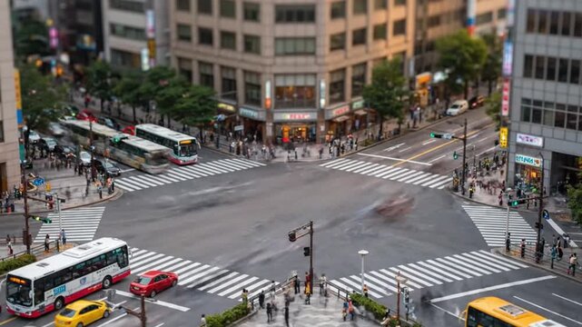 A fast-paced time-lapse of a busy city intersection, filmed with a tilt-shift effect to look like a miniature toy model.