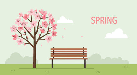 Blooming Paradise With Serene Tree And Bench Under Pastel Spring Sky